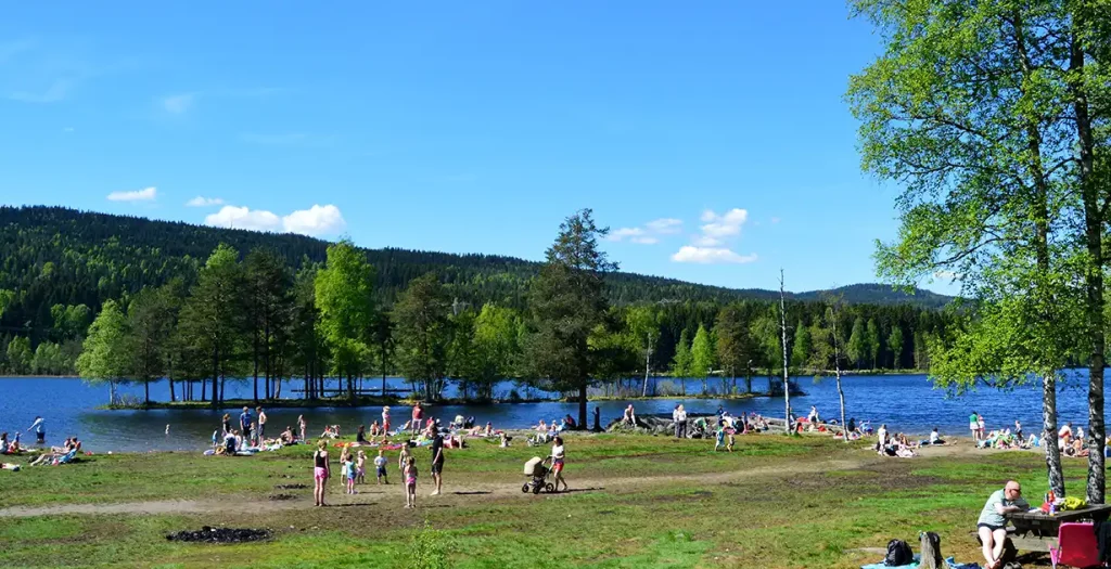 Overview of Sognsvann with the tiny sandy beach in the background. Photo by: Flladina