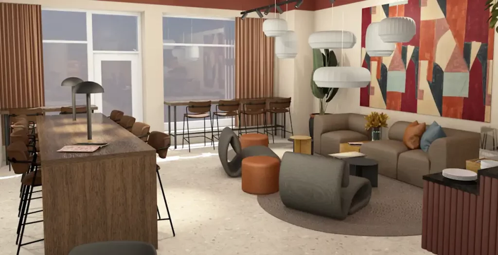 Ny lobby med koselig loungeområde på K7 Hotel Oslo i 2024. Illustrasjon av: ITAB