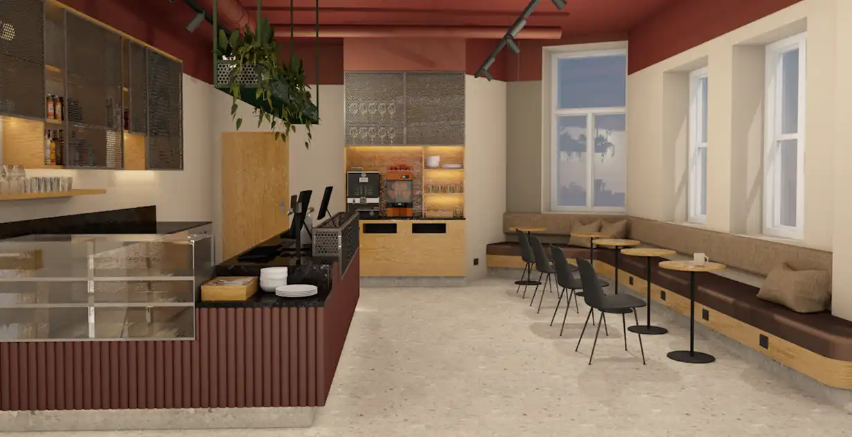New lobby and combined reception and café at K7 Hotel Oslo in 2024. Illustration by: ITAB