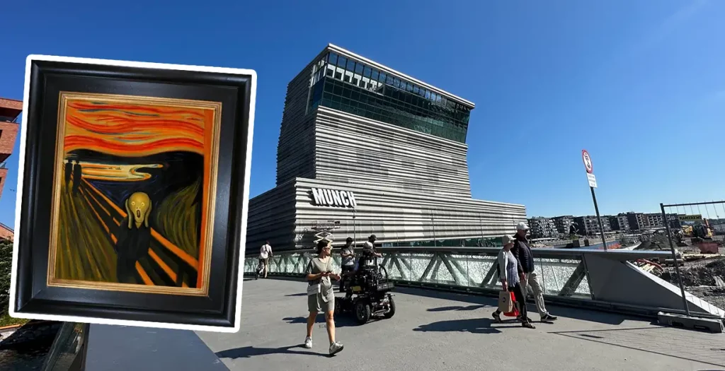 The exterior view of the Munch Museum and a facsimile of the scream painting.