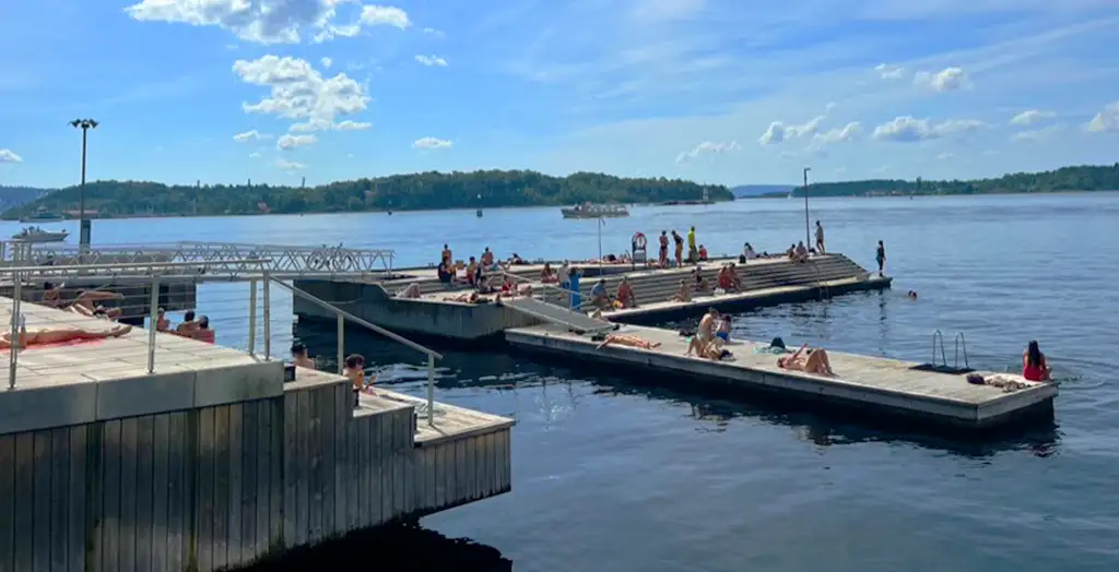 Folk nyter solen på bryggen på Tjuvholmen.
Foto: Montage AS